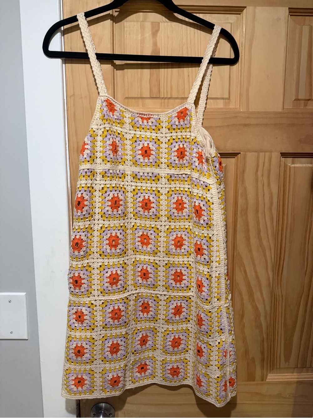 Together Crochet Square-Pattern Dress in Cream, Orange & Yellow